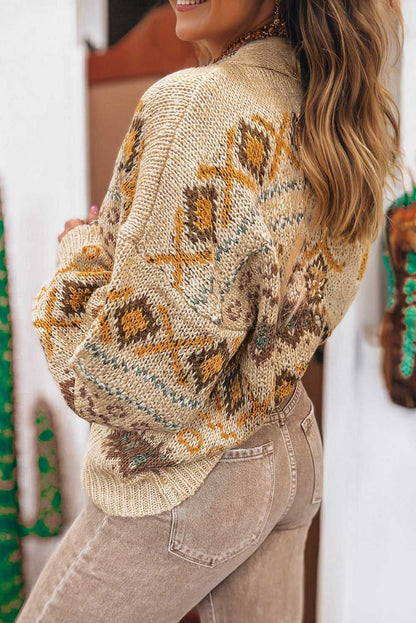 Khaki Western Pattern Knit Cardigan
