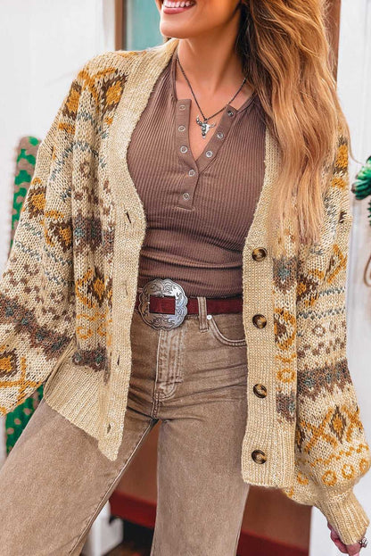 Khaki Western Pattern Knit Cardigan