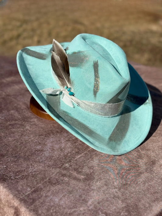 Western Twang Suede Cowboy Hat with Feather Accent and Blue Ribbon, Featuring Western Design Elements