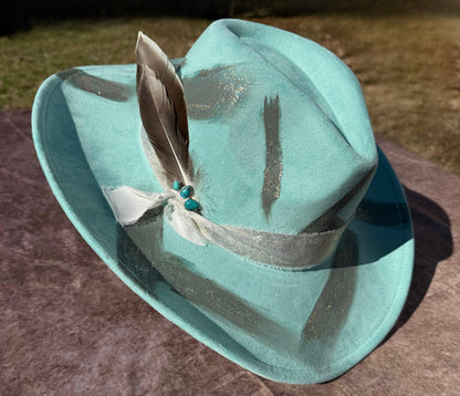 Western Twang Suede Cowboy Hat with Feather Accent and Blue Ribbon, Featuring Western Design Elements
