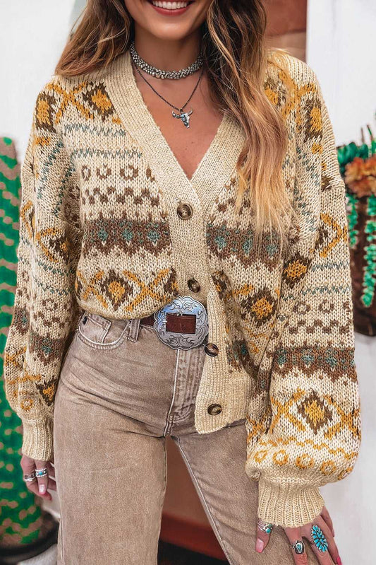 Khaki Western Pattern Knit Cardigan