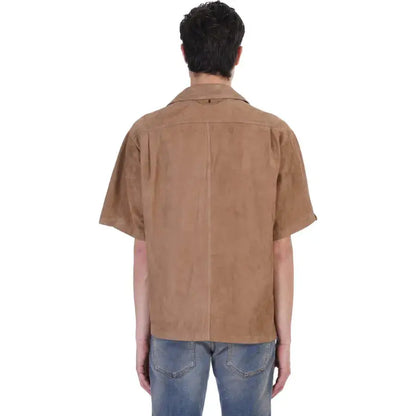 Men’s Cream & Brown Western Half-Sleeve Suede Leather Shirt