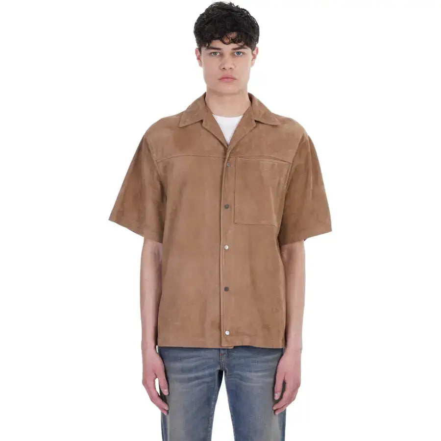Men’s Cream & Brown Western Half-Sleeve Suede Leather Shirt